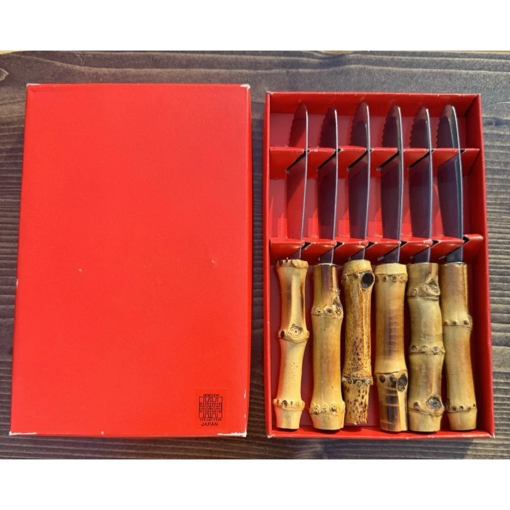 Vintage Horchow Serrated Bamboo Handle Steak Knives Set 6 Japan Chinoiserie Boxe